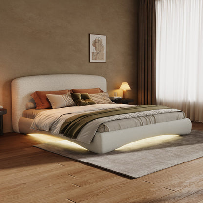 Cream King Upholstered Bed with Smart Lighting - Curved Design