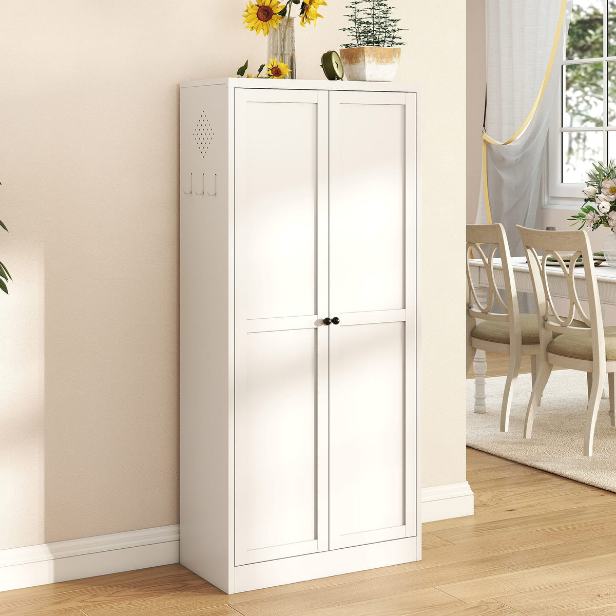 61" White Metal Kitchen Pantry Cabinet - Adjustable Storage