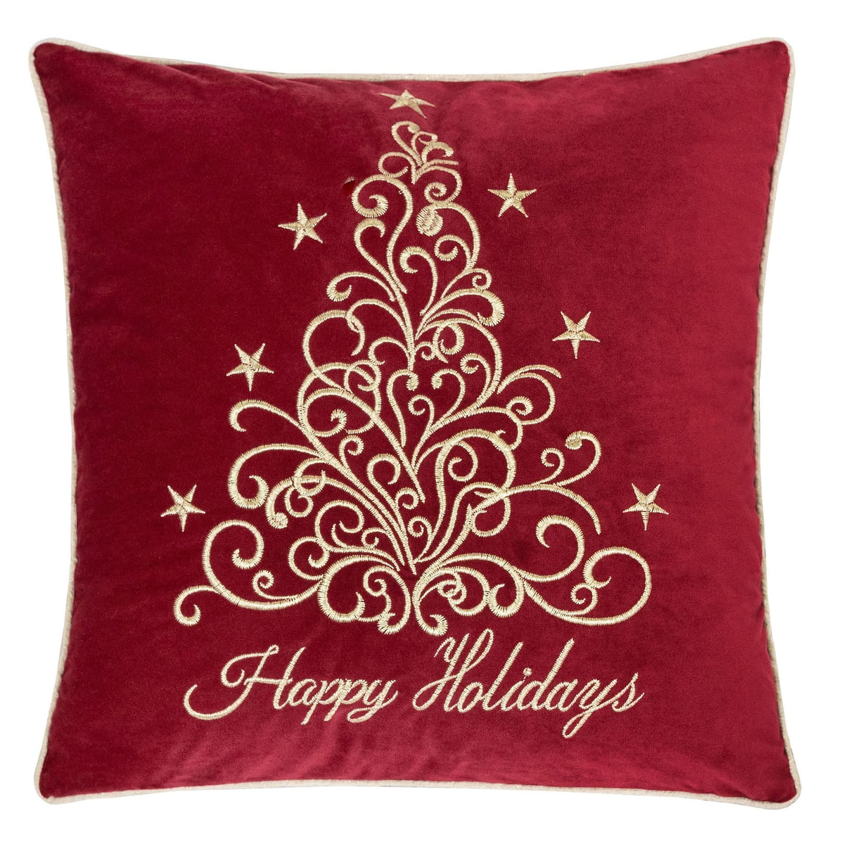 Happy Holidays Embroidered Velvet Throw Pillow 20x20" Red Christmas Accent