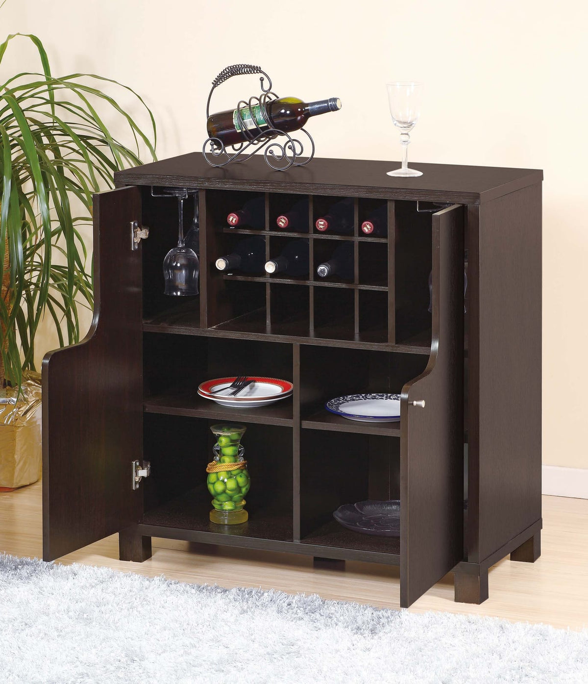 Espresso Particle Board Wine Cabinet with Bottle and Glass Racks for Kitchen Storage
