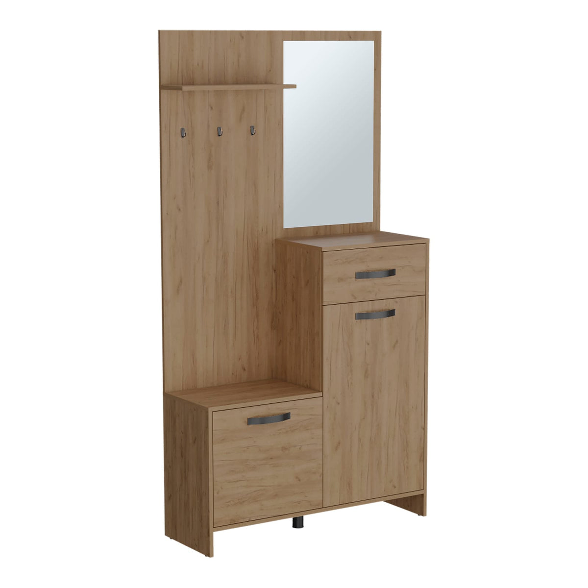 Natural Wood Hall Tree with Mirror & Storage