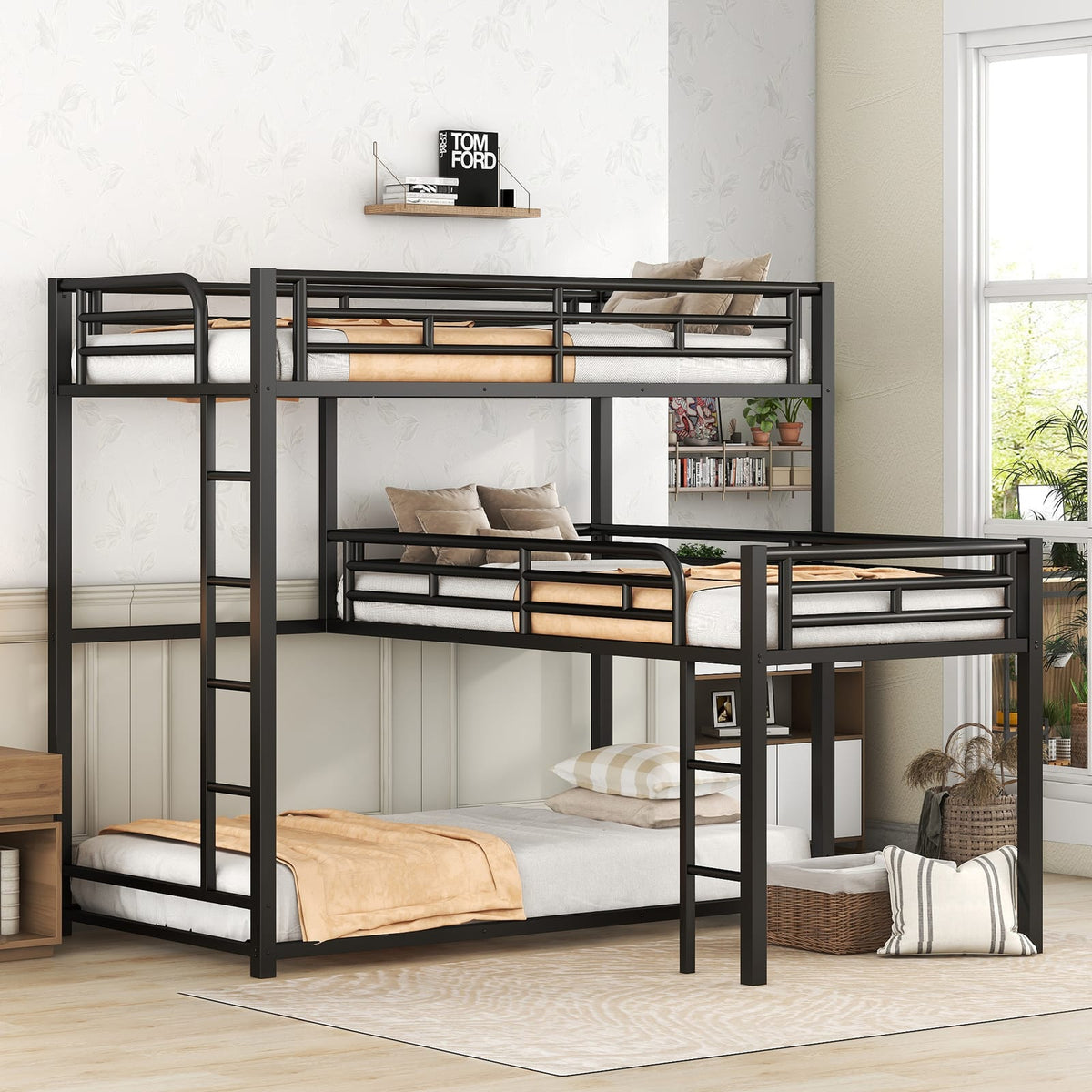 L-Shaped Metal Bunk Bed - Black (Triple Twin Size) for Bedroom