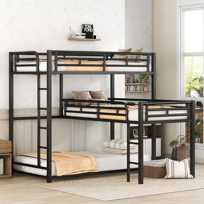 L-Shaped Metal Bunk Bed - Black (Triple Twin Size) for Bedroom