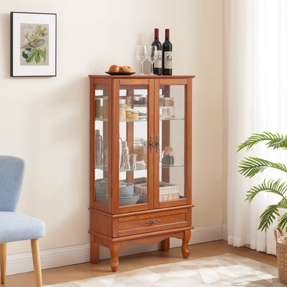 Oak Glass Display Cabinet with Adjustable Shelves and Storage for Living Room