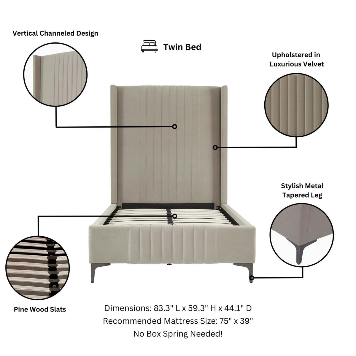 Taupe Eucalyptus Velvet Twin Bed Frame with Mid-Century Modern Headboard for Bedroom