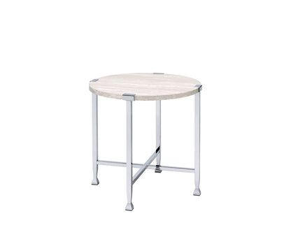 White Oak & Chrome Round End Table - 24 Inch for Living Room