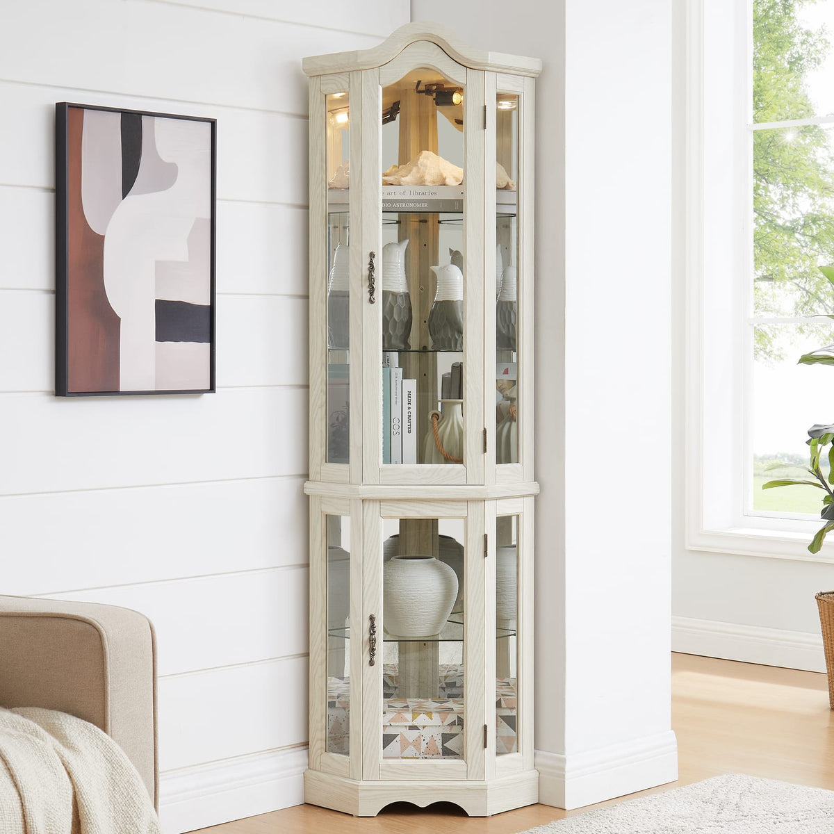 White Glass Corner Curio Cabinet - Display Shelf with Light for Living Room