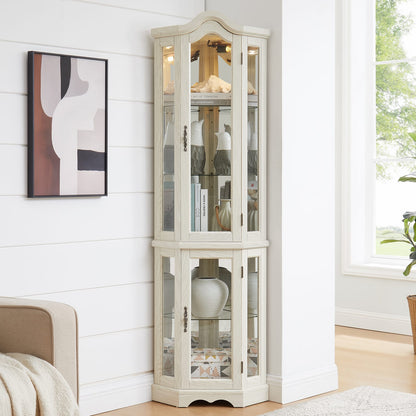 White Glass Corner Curio Cabinet - Display Shelf with Light for Living Room