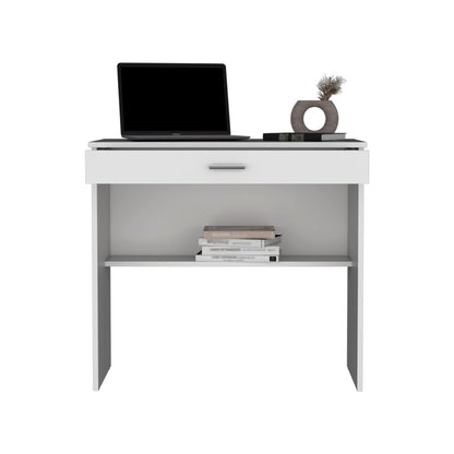 White Computer Desk with Drawer & Shelf - Compact Workstation for Home Office