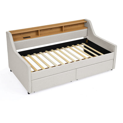 Twin Size Beige Sofa Bed with LED Lights & Storage