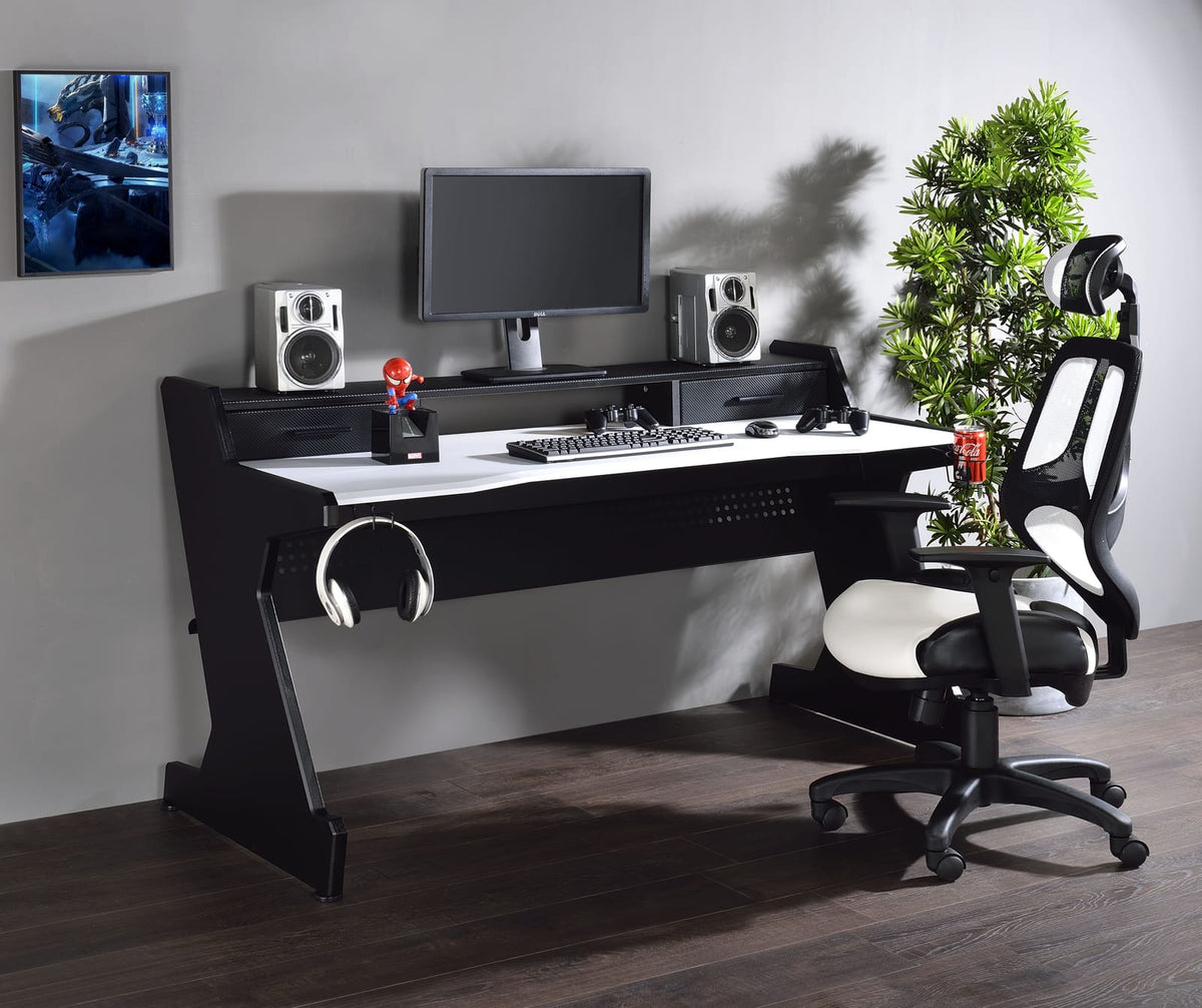 White and Black Wood Metal Gaming Table with Storage Drawers