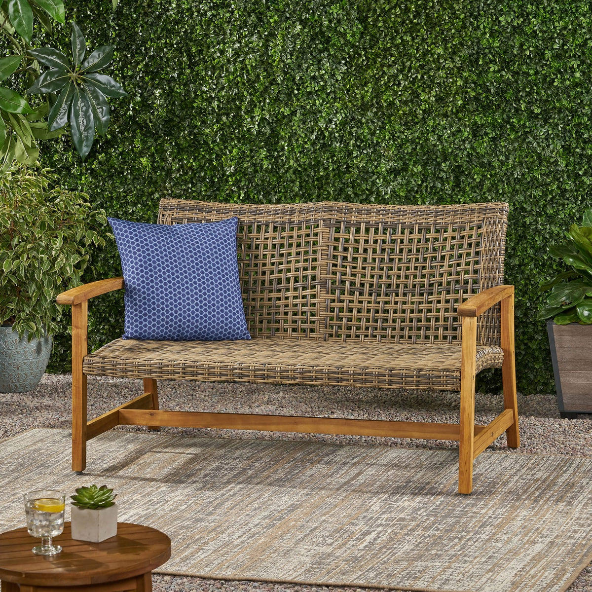 Natural Grey Acacia Wood Wicker Loveseat for Patio Seating