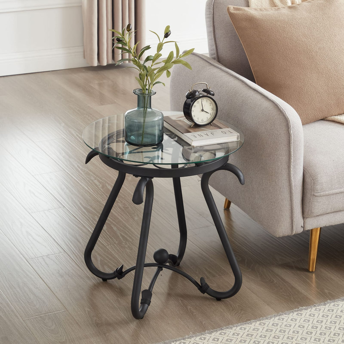 Black Tempered Glass Coffee Table Set - 2 Piece Round Side Table for Living Room