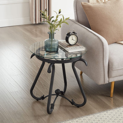 Black Tempered Glass Coffee Table Set - 2 Piece Round Side Table for Living Room