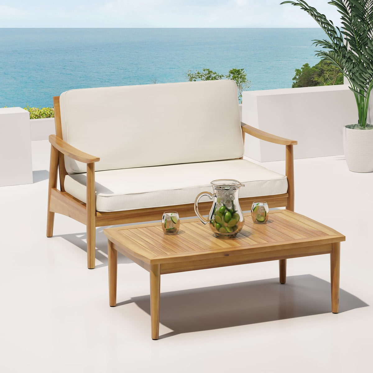 Teak Acacia Wood Loveseat & Coffee Table Set - Outdoor Patio Furniture