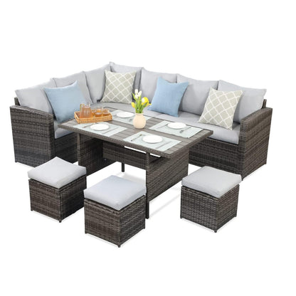 7 Piece Grey Brown Rattan Patio Dining Set Outdoor Sectional Sofa with Cushions