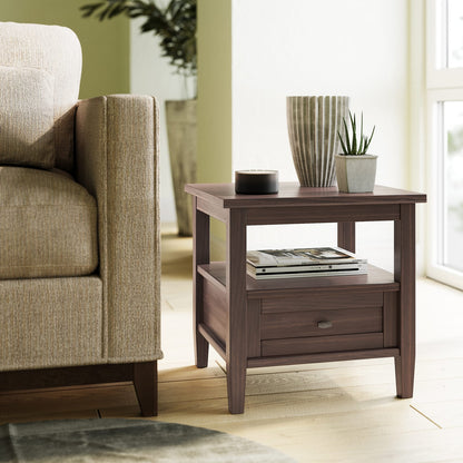 Dark Brown Wood End Table with Storage Drawer for Living Room