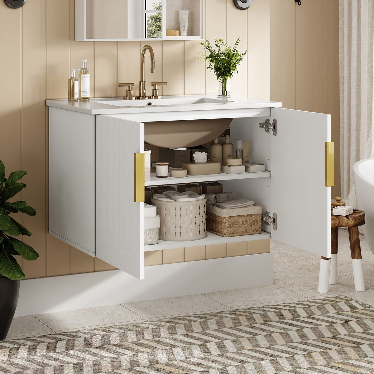30" White Bathroom Vanity with Ceramic Sink - Storage Cabinet