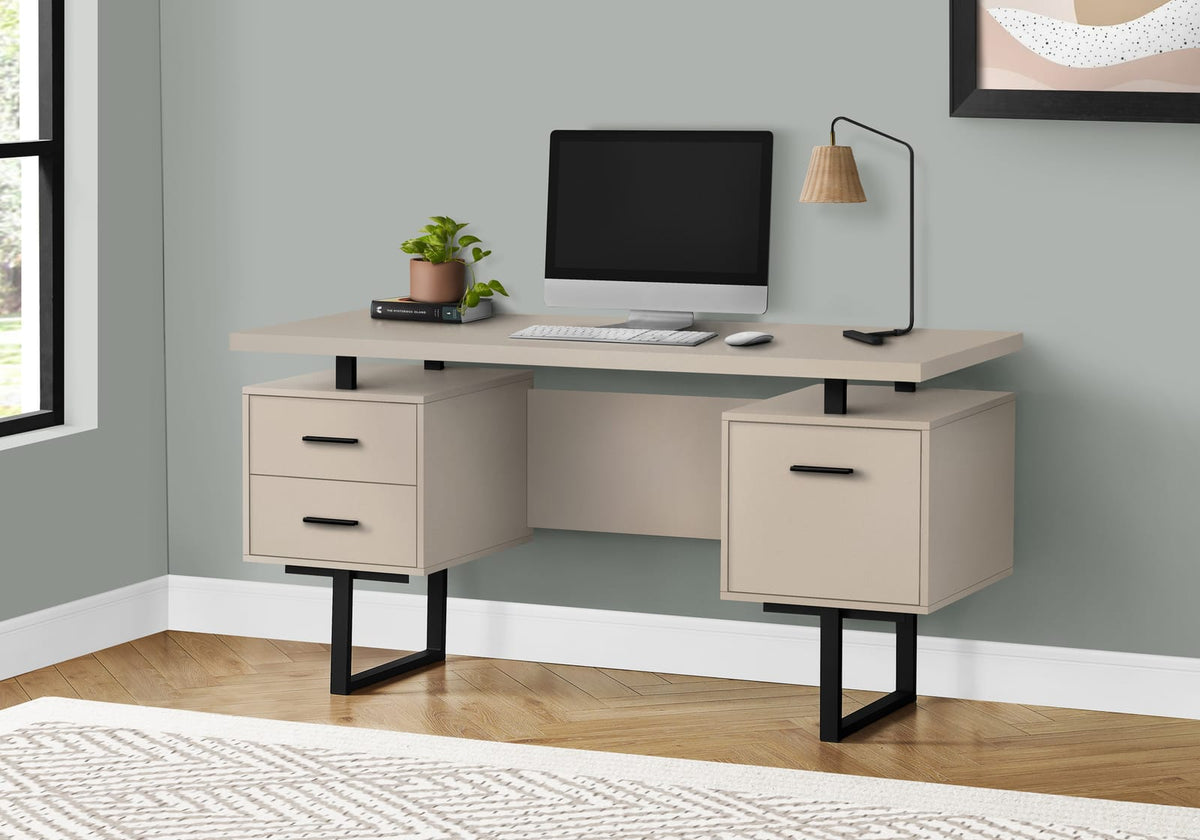 Computer Desk, 60"L with Storage Drawers - Taupe Laminate & Black Metal Frame