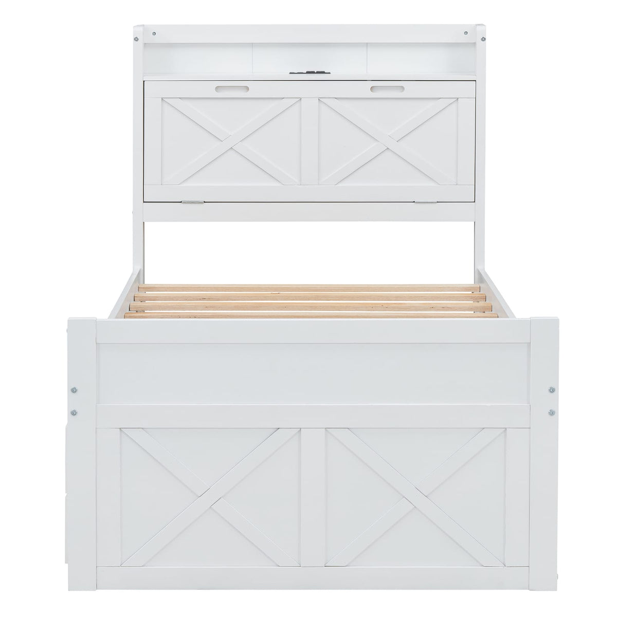 Twin Wooden Bed with Storage Headboard and Trundle for Guest Space for Bedroom
