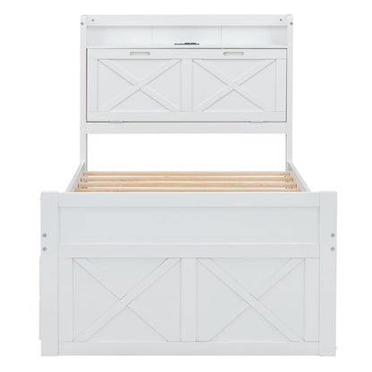 Twin Wooden Bed with Storage Headboard and Trundle for Guest Space for Bedroom