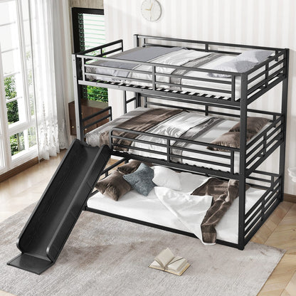 Triple Bunk Bed with Slide - Metal, Black for Bedroom