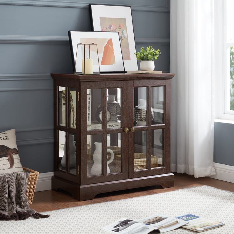 Cherry Antique Display Cabinet with LED Lighting for Living Room