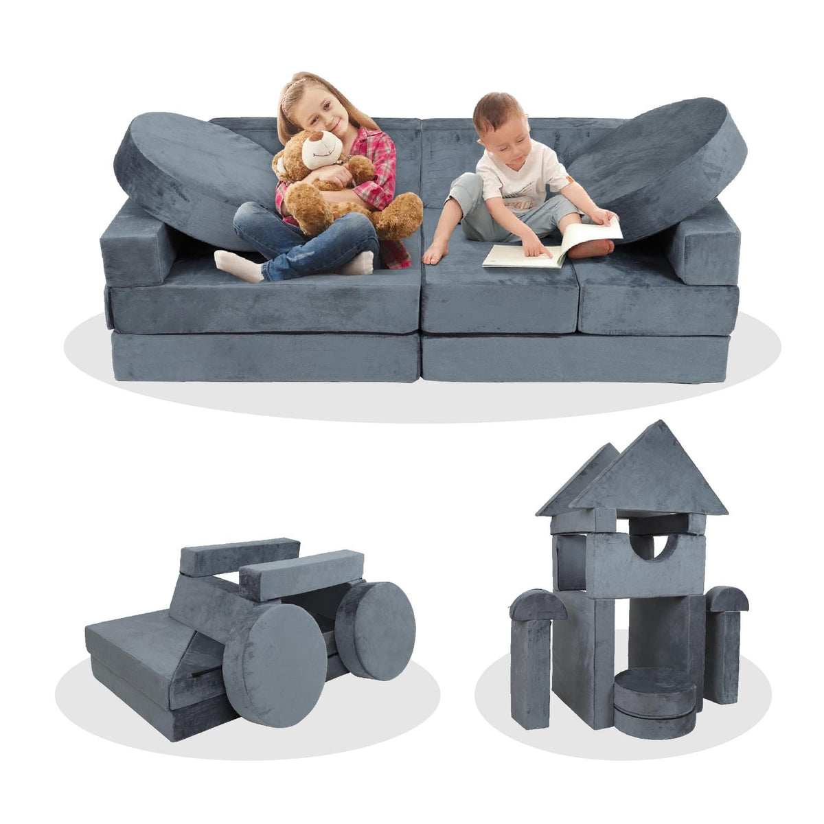 14 Piece Kids Sofa Modular Play Couch - Gray