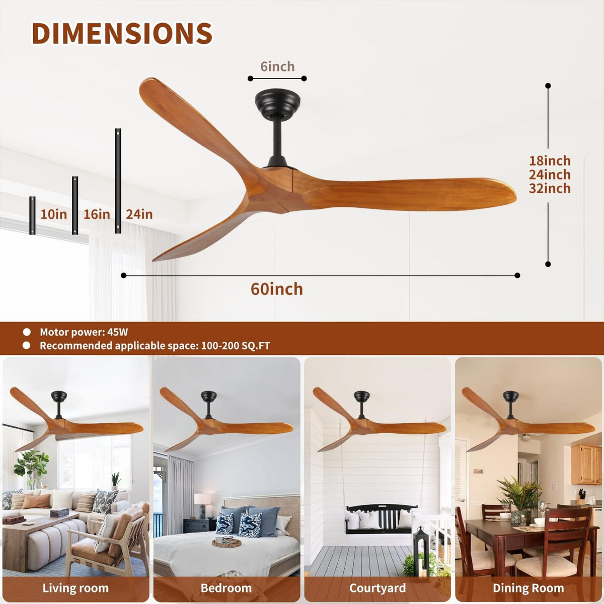 60 Inch Wood Ceiling Fan No Light - Bedroom Living Room