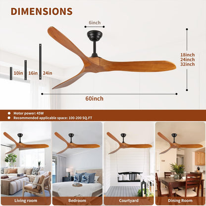 60 Inch Wood Ceiling Fan No Light - Bedroom Living Room