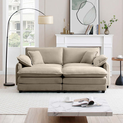 Tan Corduroy Two-Seater Sofa with Footrest for Living Room