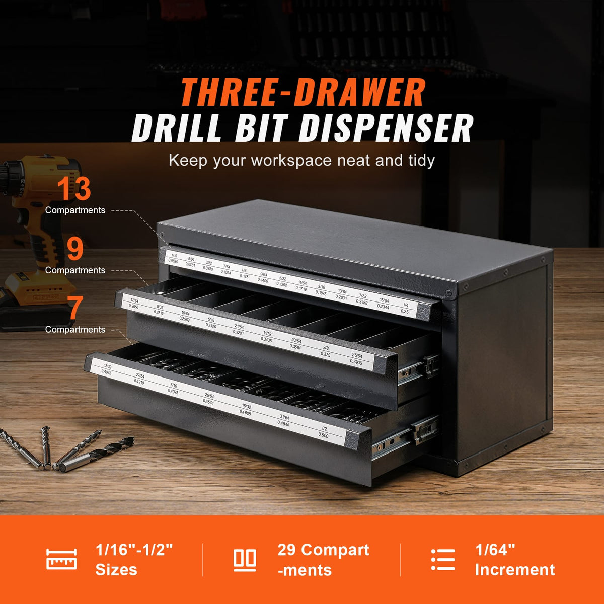 Gray Steel Drill Bit Organizer Cabinet - 3 Drawers