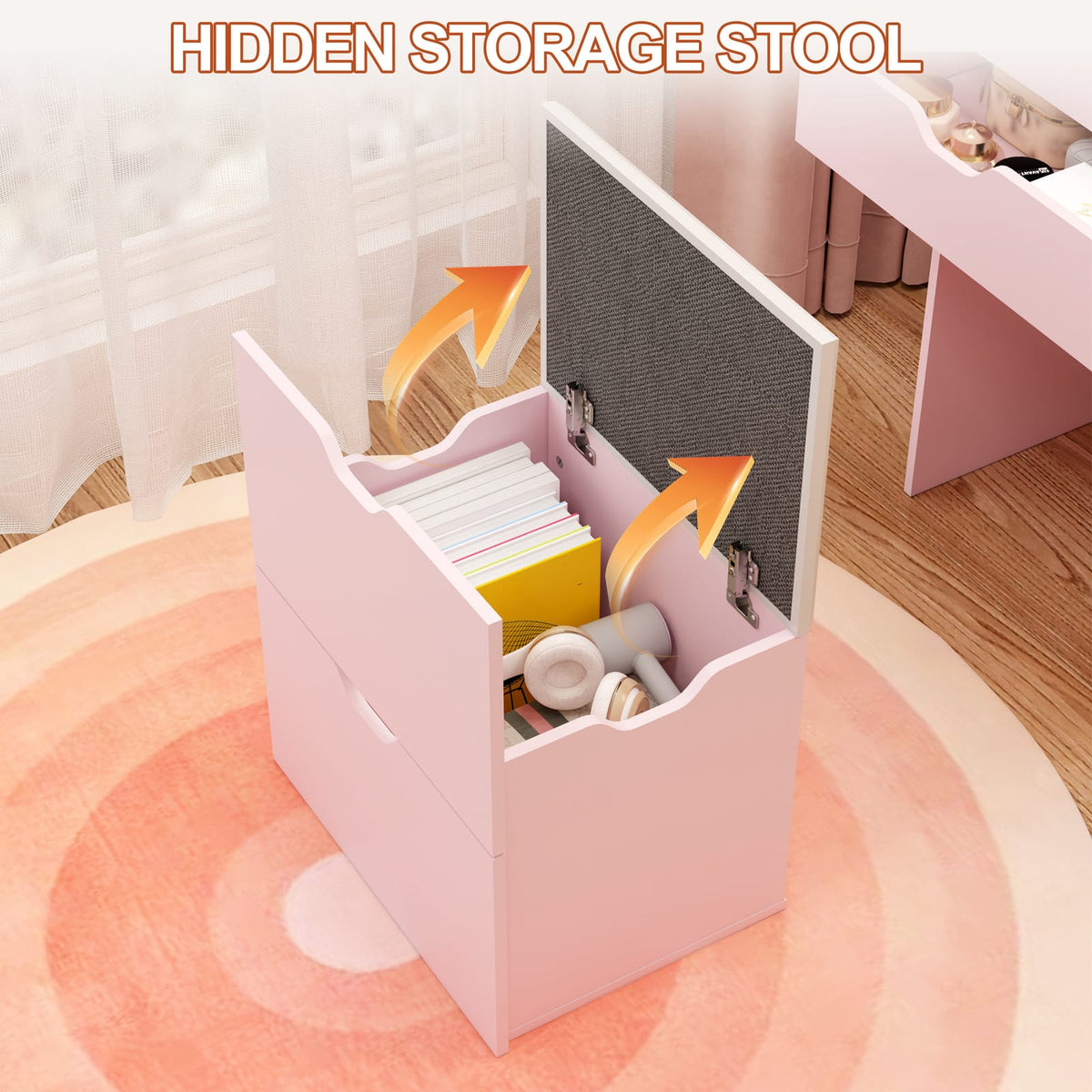 Pink Wood Makeup Vanity with Flip-Up Mirror & Lights