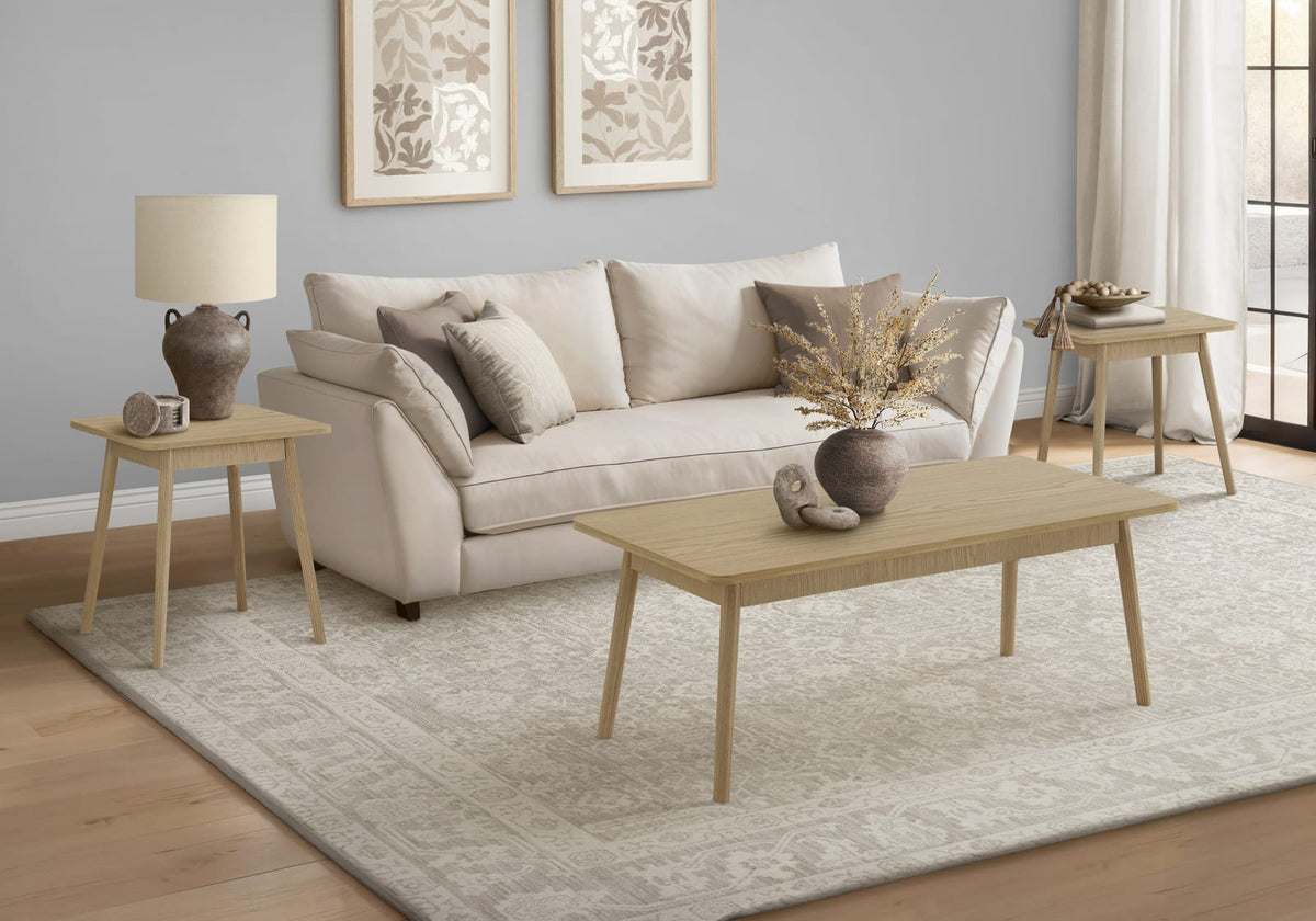 Mid Century Coffee Table Set with End Tables in Natural Laminate for Living Room