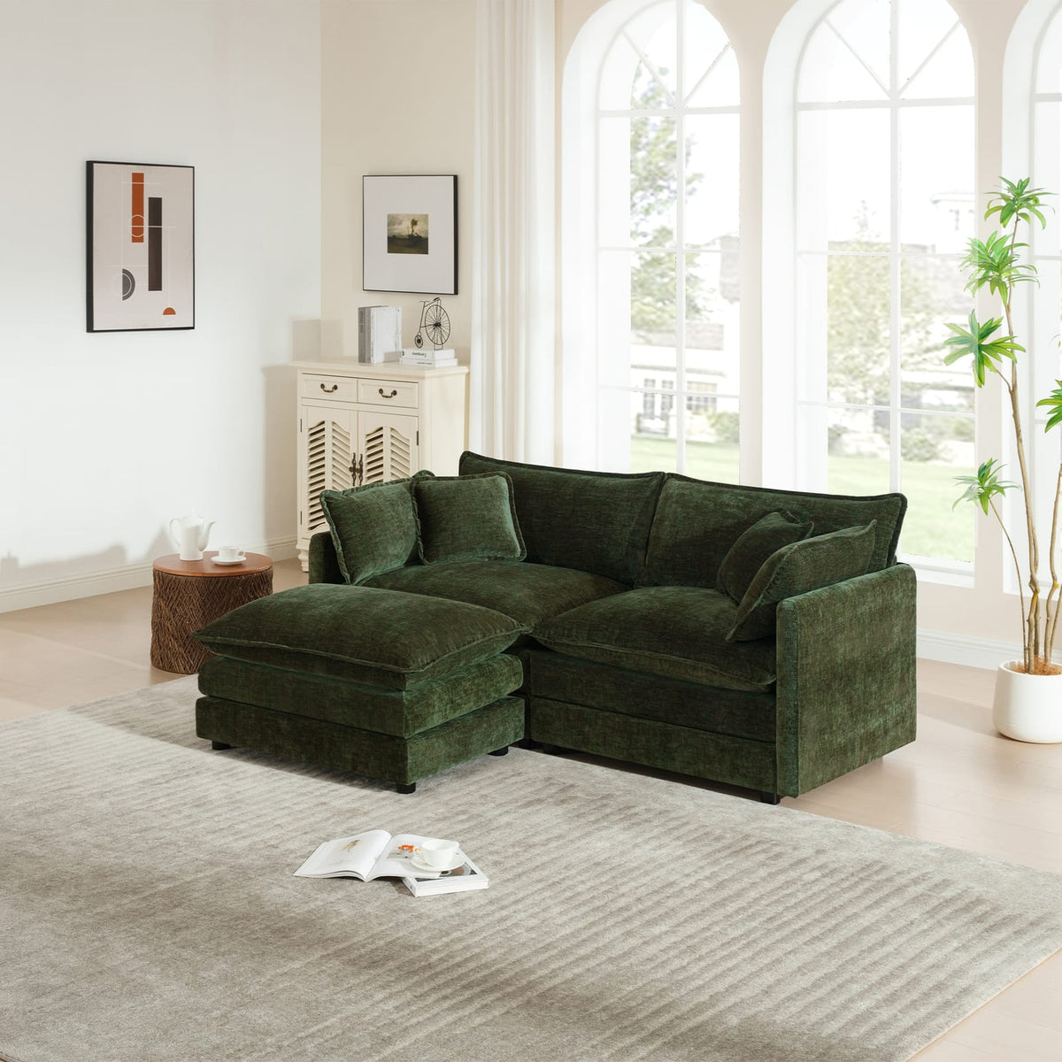 Green Chenille 2 Seat Sofa with Ottoman for Guest Room Seating for Living Room