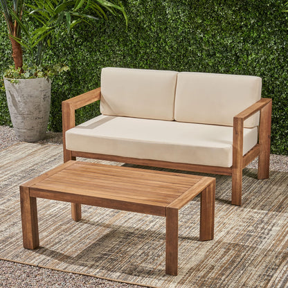 Beige Brown Acacia Wood Loveseat & Coffee Table Patio Set