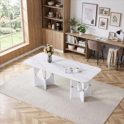 Modern White Dining Table - MDF Marble Style, Compact Design for Dining Room