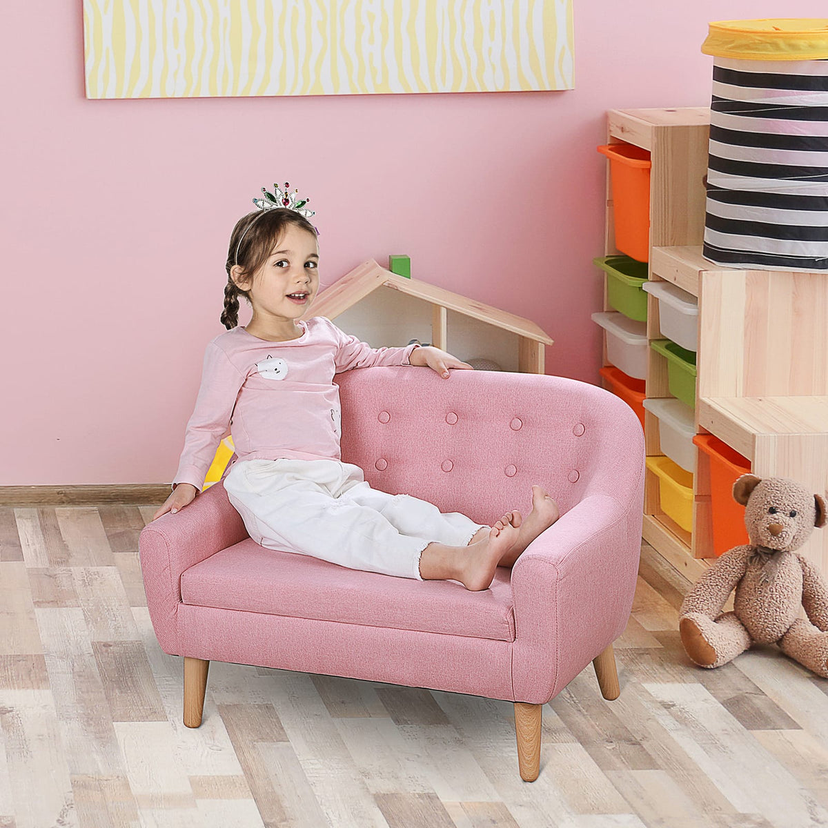 Pink Kids Sofa - Comfortable 2-Seat Linen Couch for Toddlers
