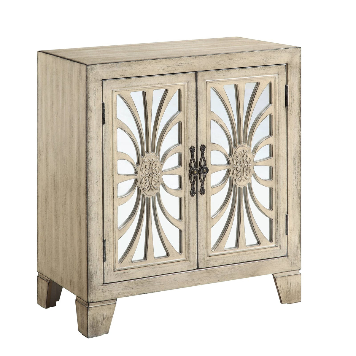 Antique White Console Table with Mirrored Doors - Storage & Style for Living Room