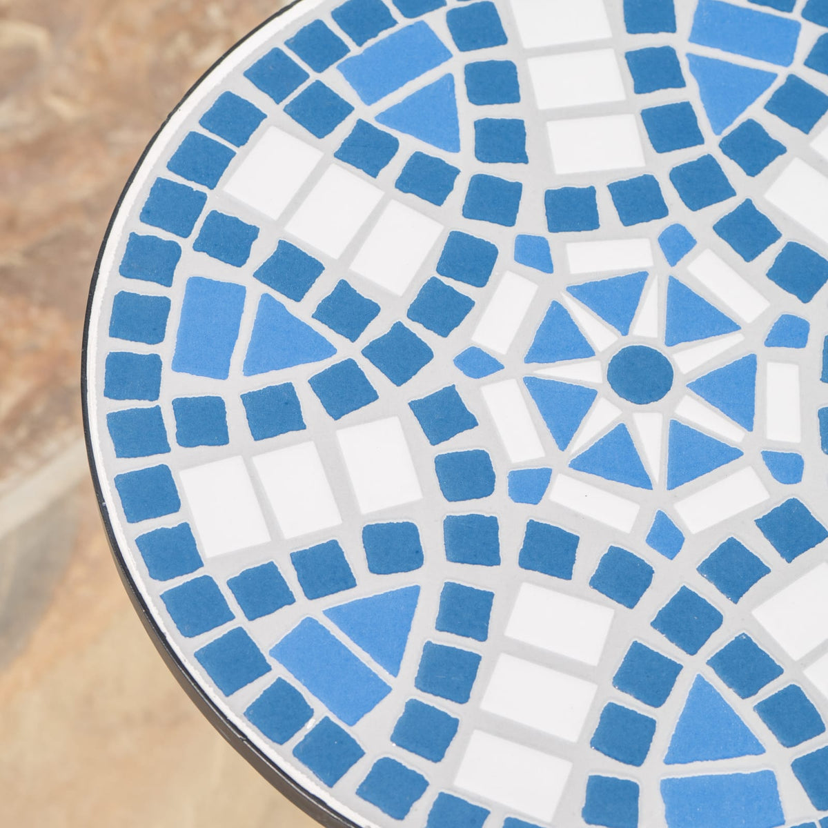 White Blue Ceramic Tile Outdoor Side Table