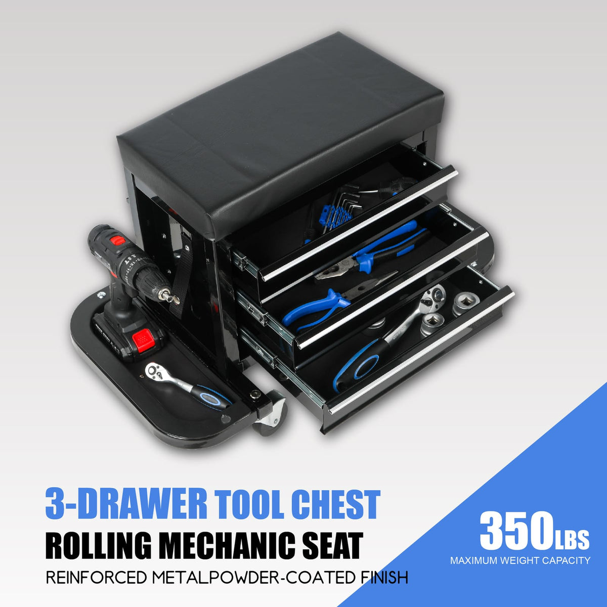 3 Drawer Tool Chest Rolling Seat - Black Steel