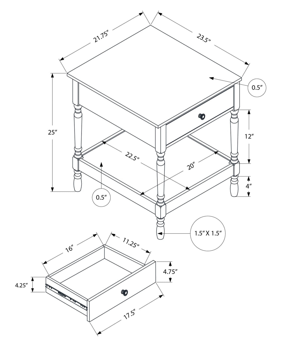 Walnut MDF Accent Table - 2 Tier Storage Nightstand for Living Room