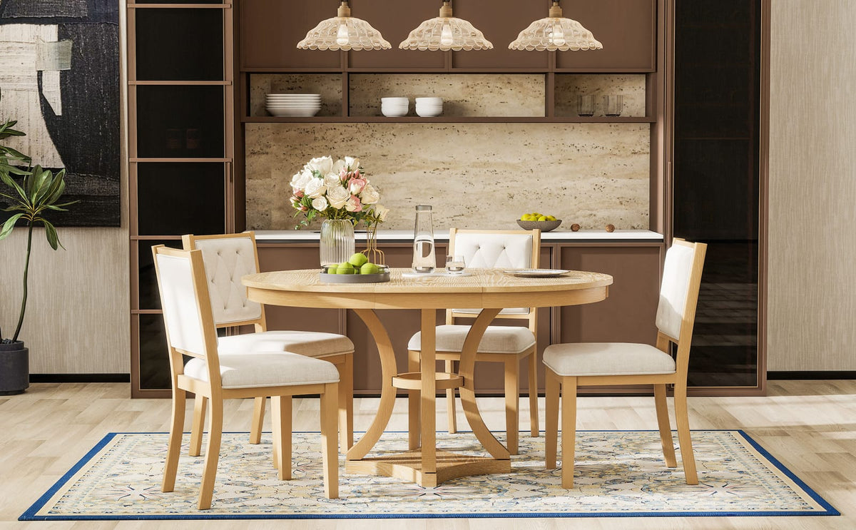 TREXM 5-Piece Retro Dining Table Set - Extendable Round Table & Chairs (Natural)