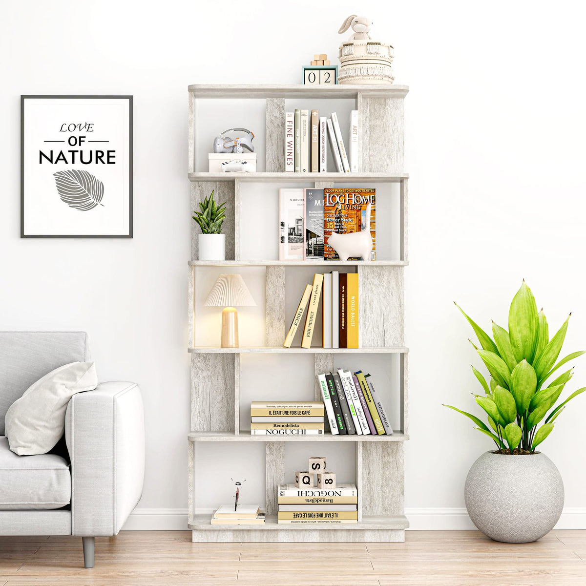 Light Gray 64.56" Modern 5-Tier Bookcase MDF Display Shelving