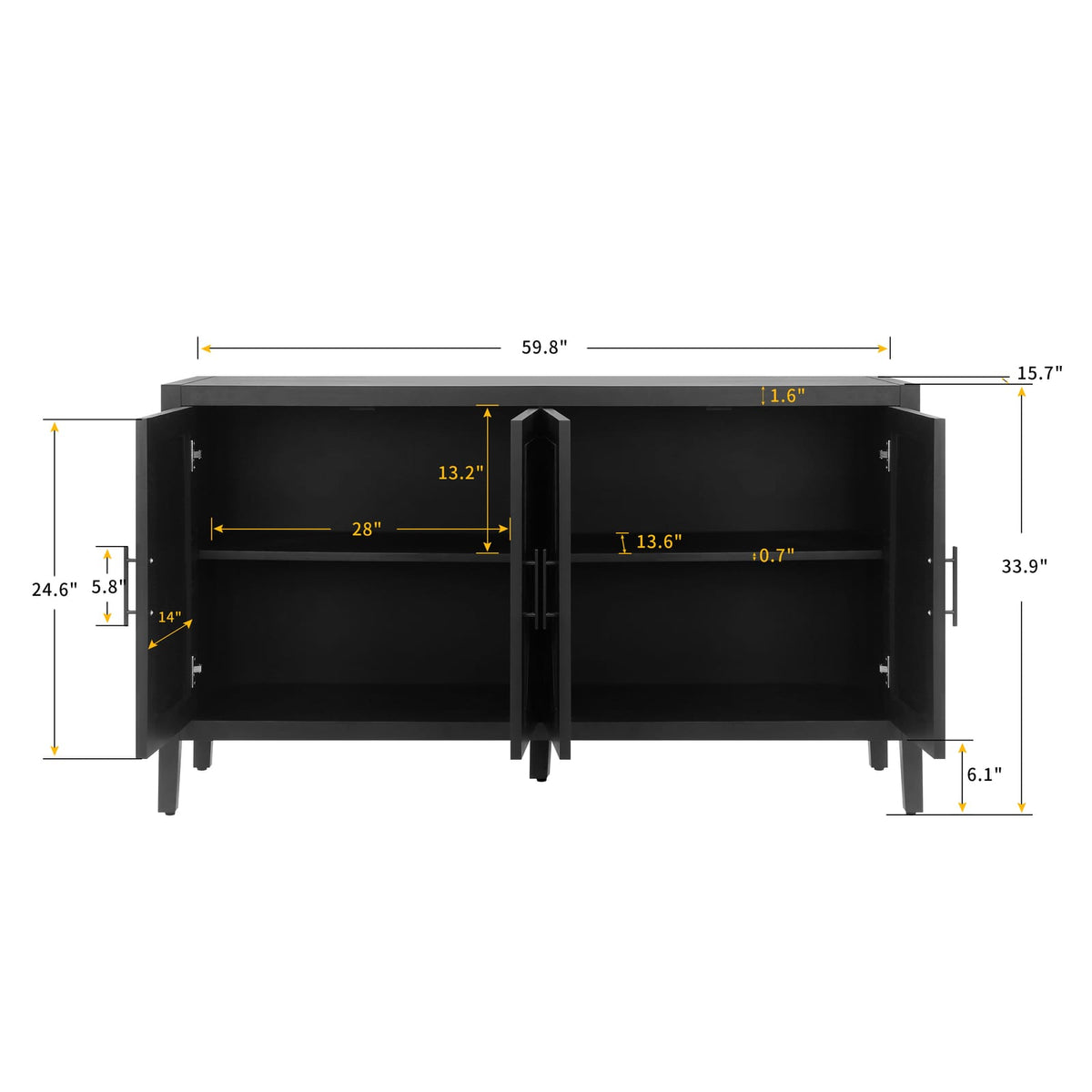 Antique Black 4-Door MDF Storage Cabinet - 59.8" Accent Table for Living Room