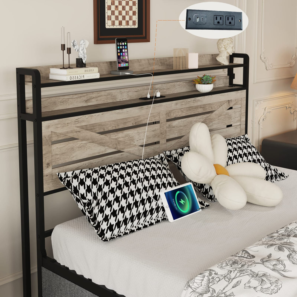 Full Size Gray Bed Frame with Storage Headboard & 12 Drawers for Bedroom