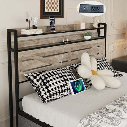Full Size Gray Bed Frame with Storage Headboard & 12 Drawers for Bedroom