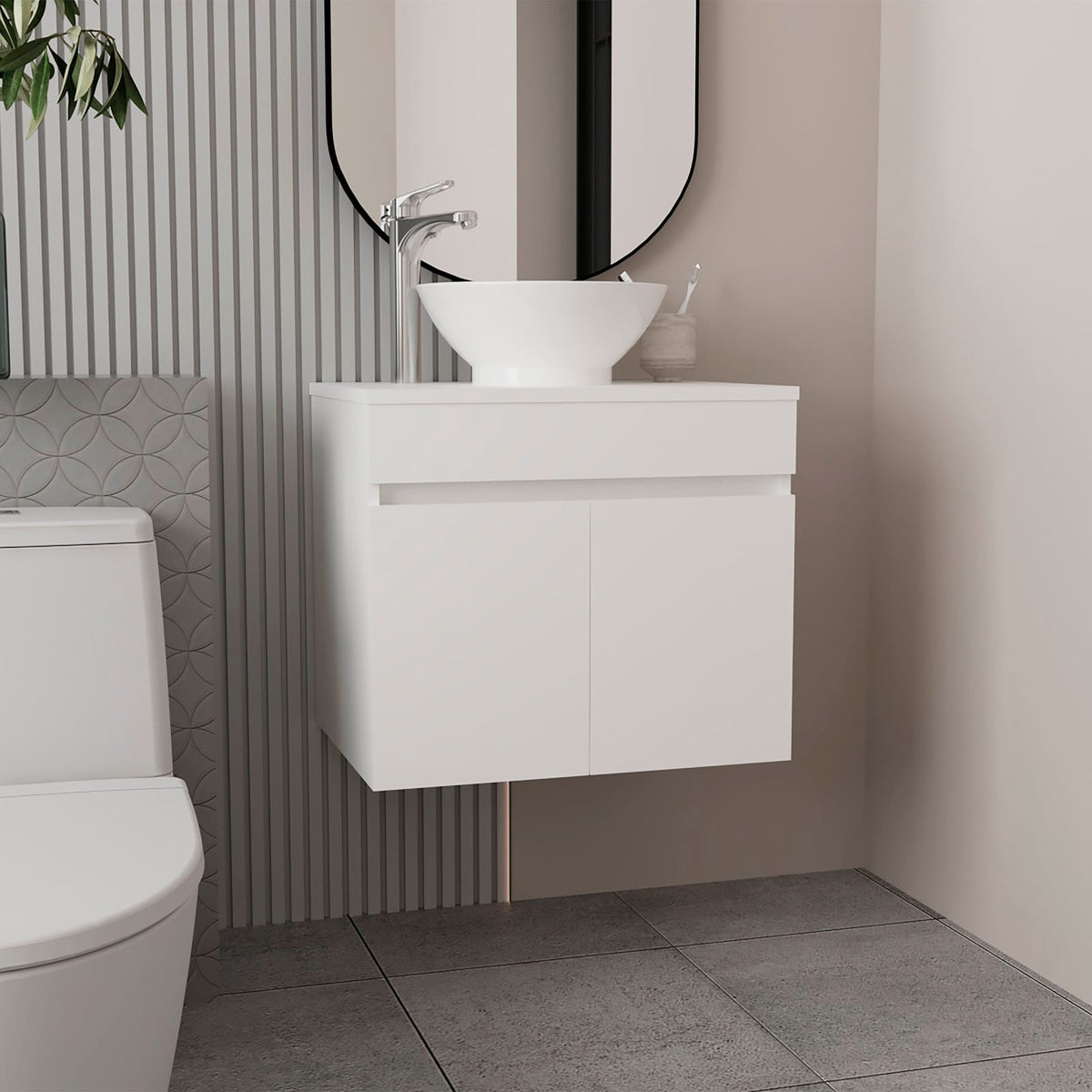 White Vessel Sink Vanity - 2 Drawers, MDF Storage