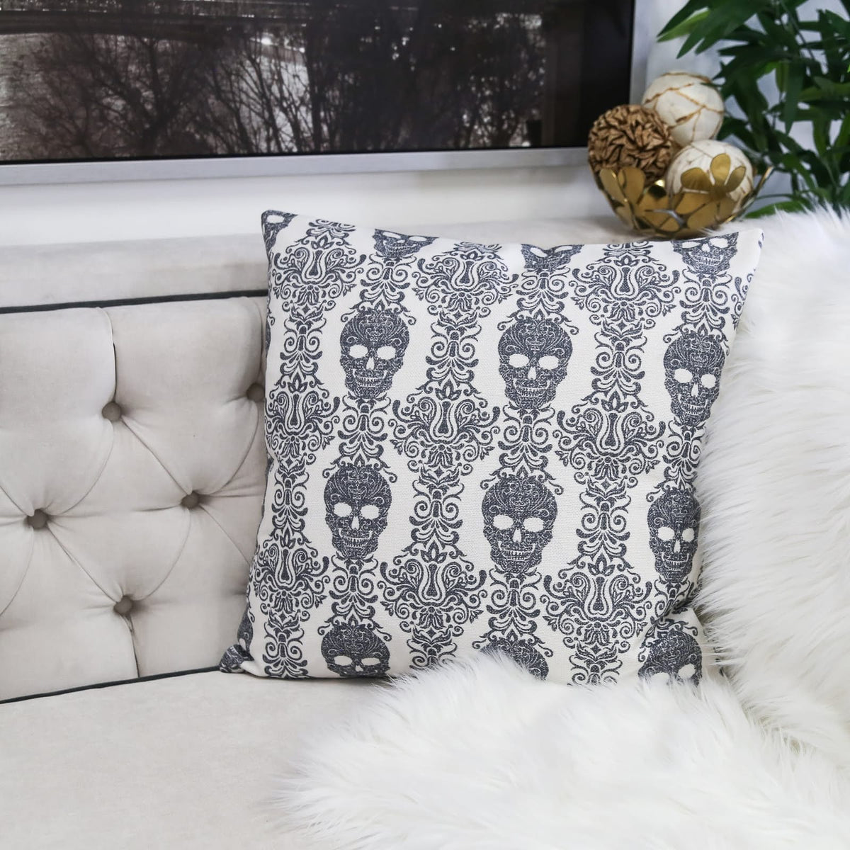 Gray Gothic Damask Skull Throw Pillow 20x20