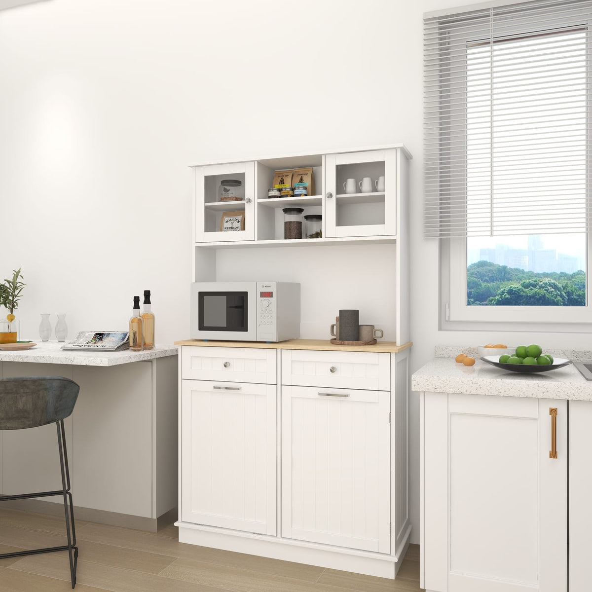 67.7" White MDF Kitchen Storage Cabinet - Trash Can with Shelves